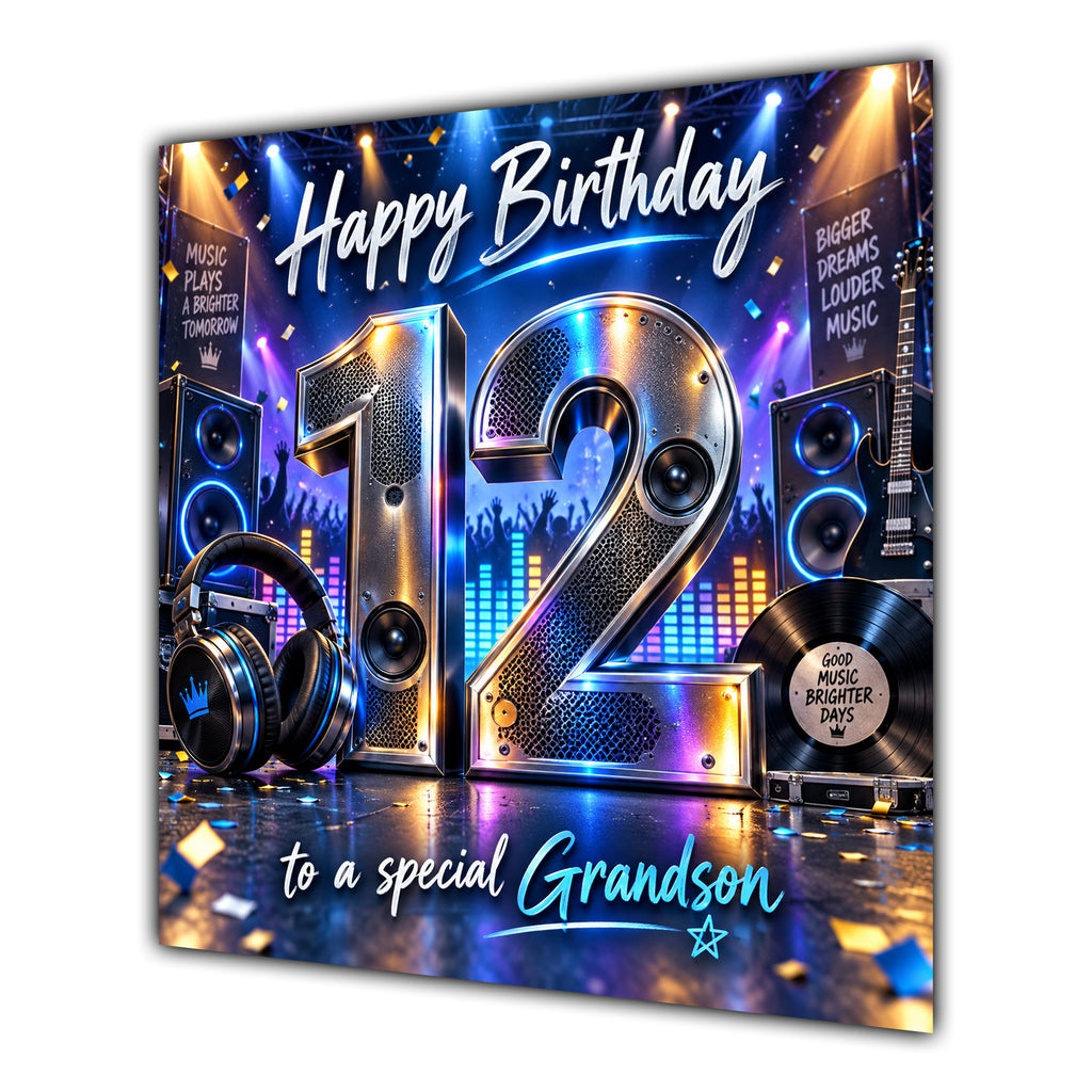 Grandson 12th Birthday Card Music Headphones Speakers Records