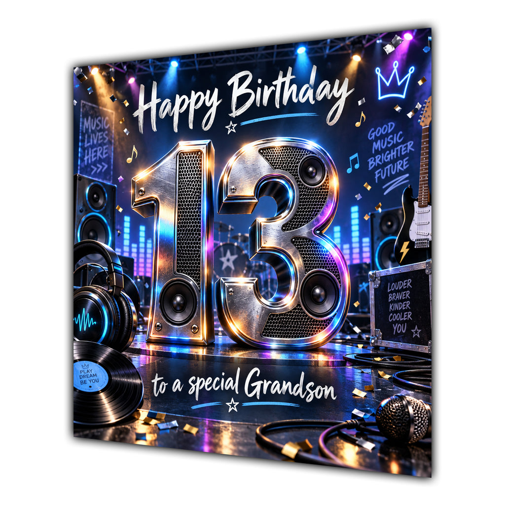 Grandson 13th Birthday Card Music Headphones Speakers Records