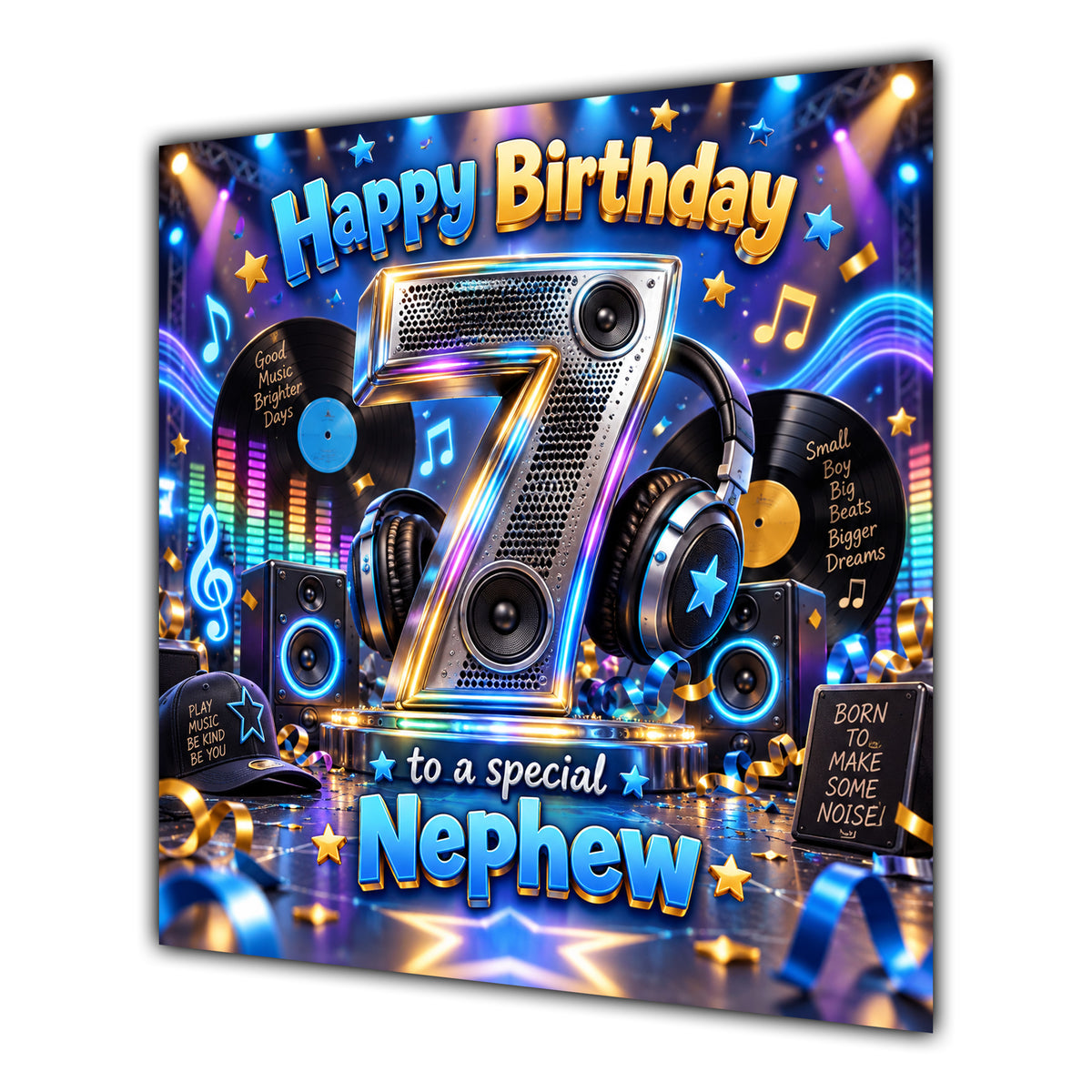 Nephew 7th Birthday Card Music Headphones Speakers Records