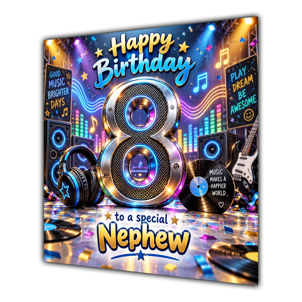 Nephew 8th Birthday Card Music Headphones Speakers Records