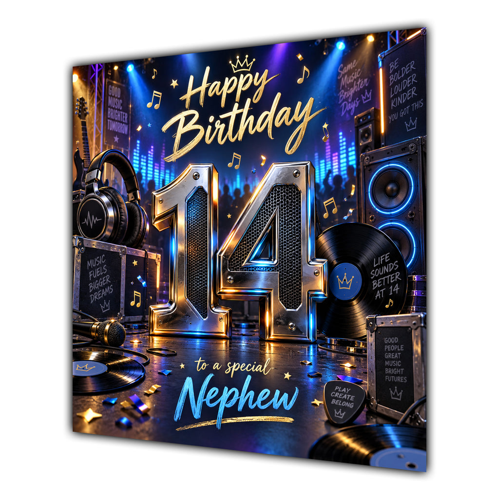 Nephew 14th Birthday Card Music Headphones Speakers Records