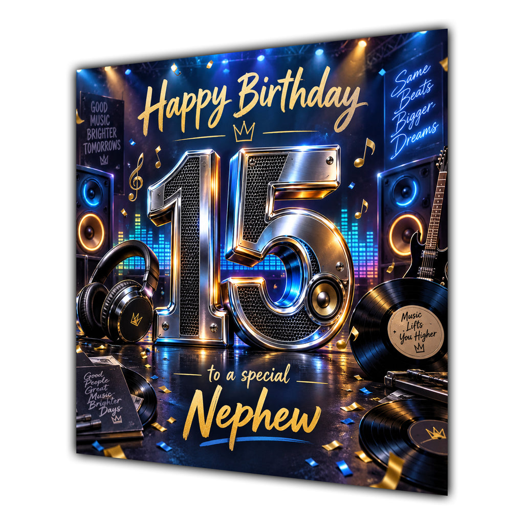 Nephew 15th Birthday Card Music Headphones Speakers Records