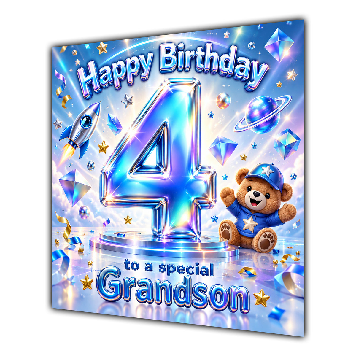Grandson 4th Birthday Card Iridescent Effect Number Stars