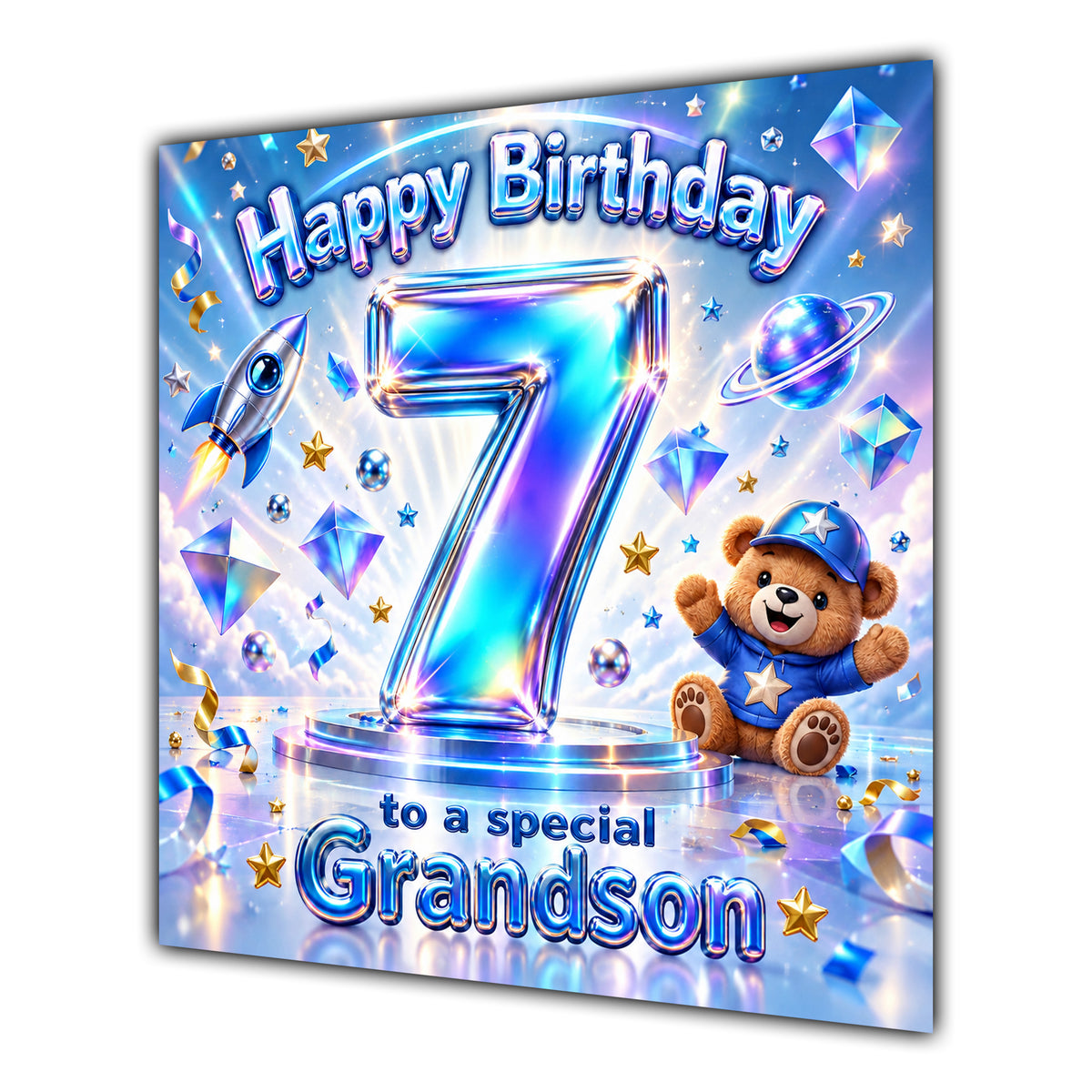Grandson 7th Birthday Card Iridescent Effect Number Stars