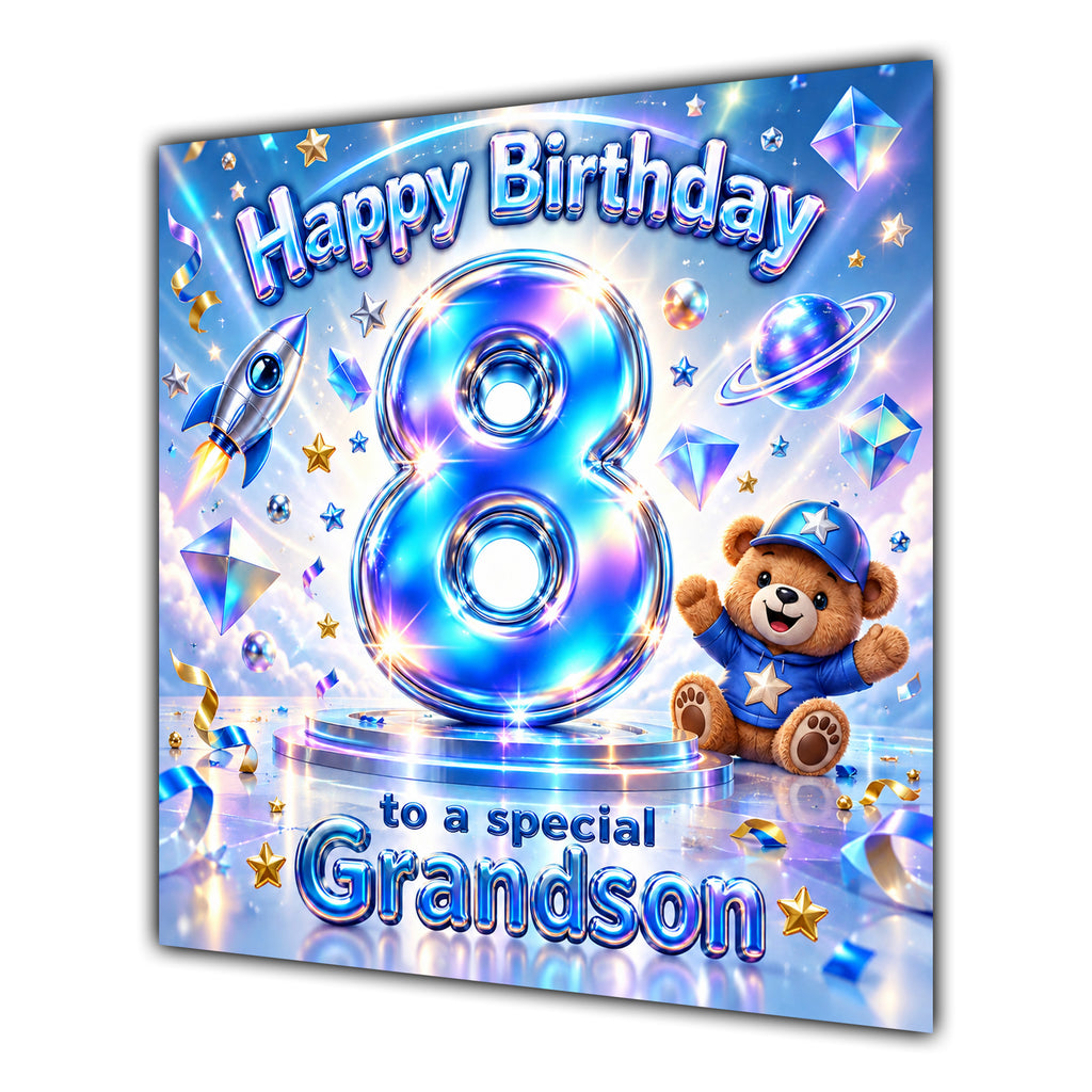 Grandson 8th Birthday Card Iridescent Effect Number Stars