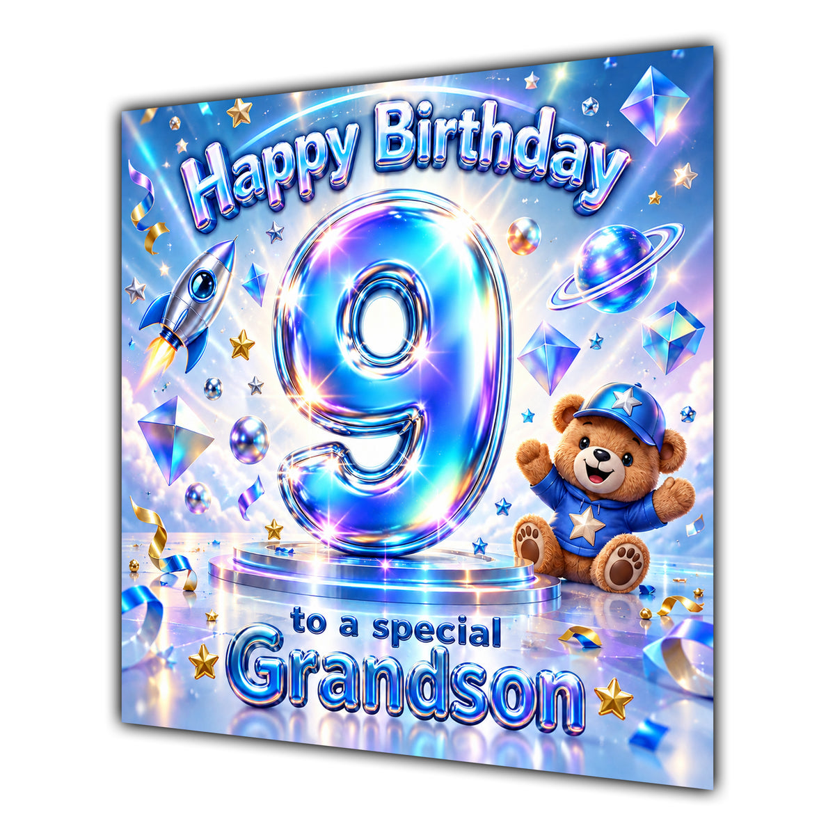 Grandson 9th Birthday Card Iridescent Effect Number Stars