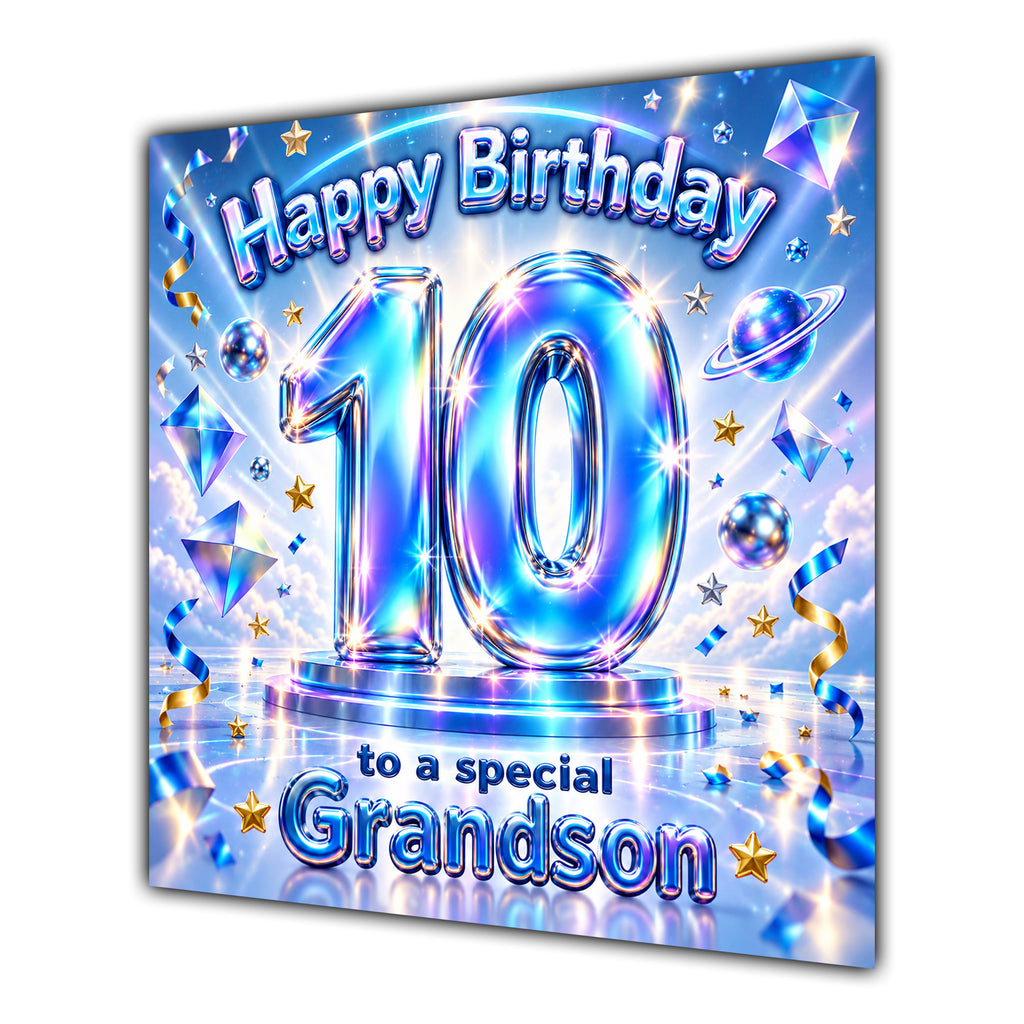 Grandson 10th Birthday Card Iridescent Effect Number Stars