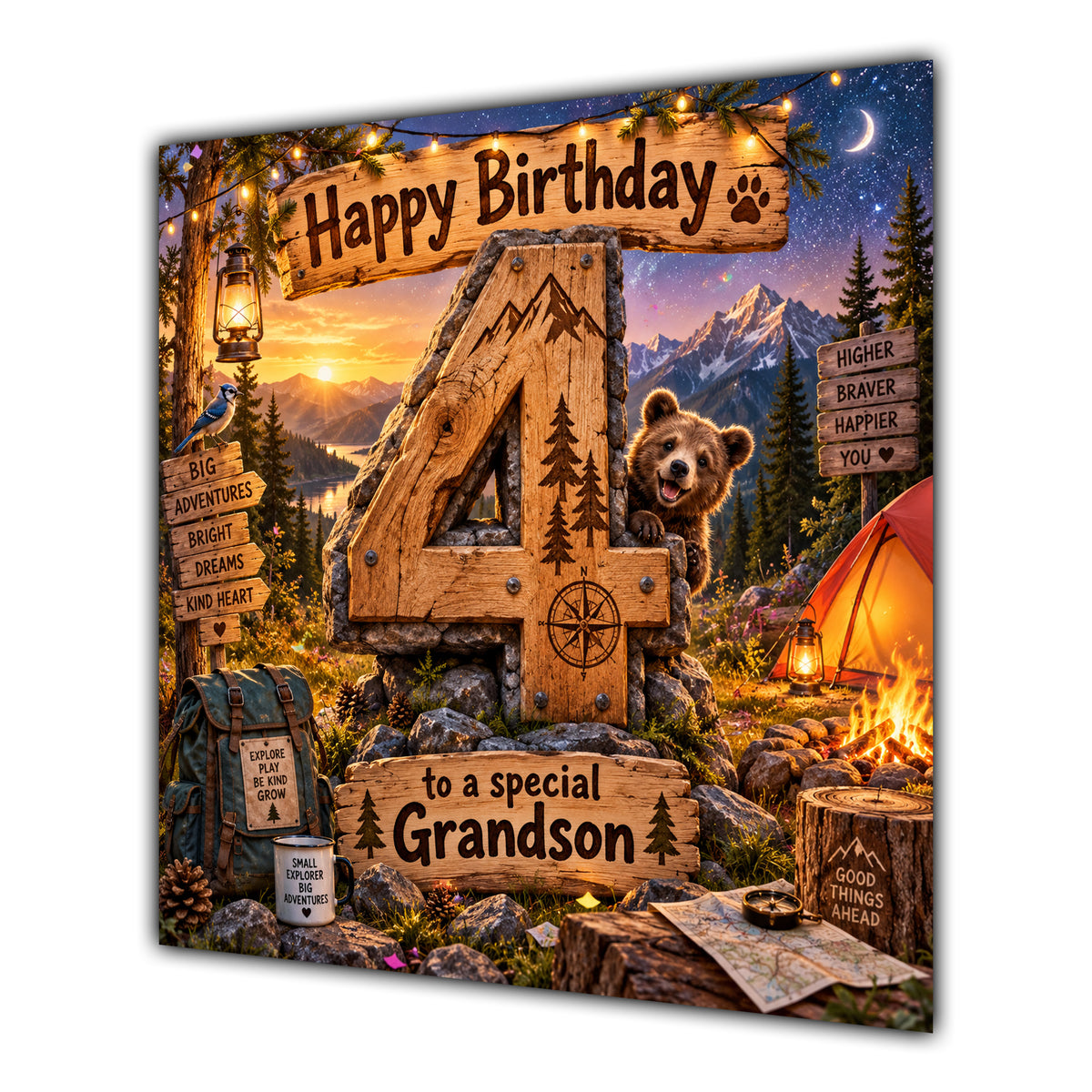 Grandson 4th Birthday Card Camping Bear Mountains Adventure