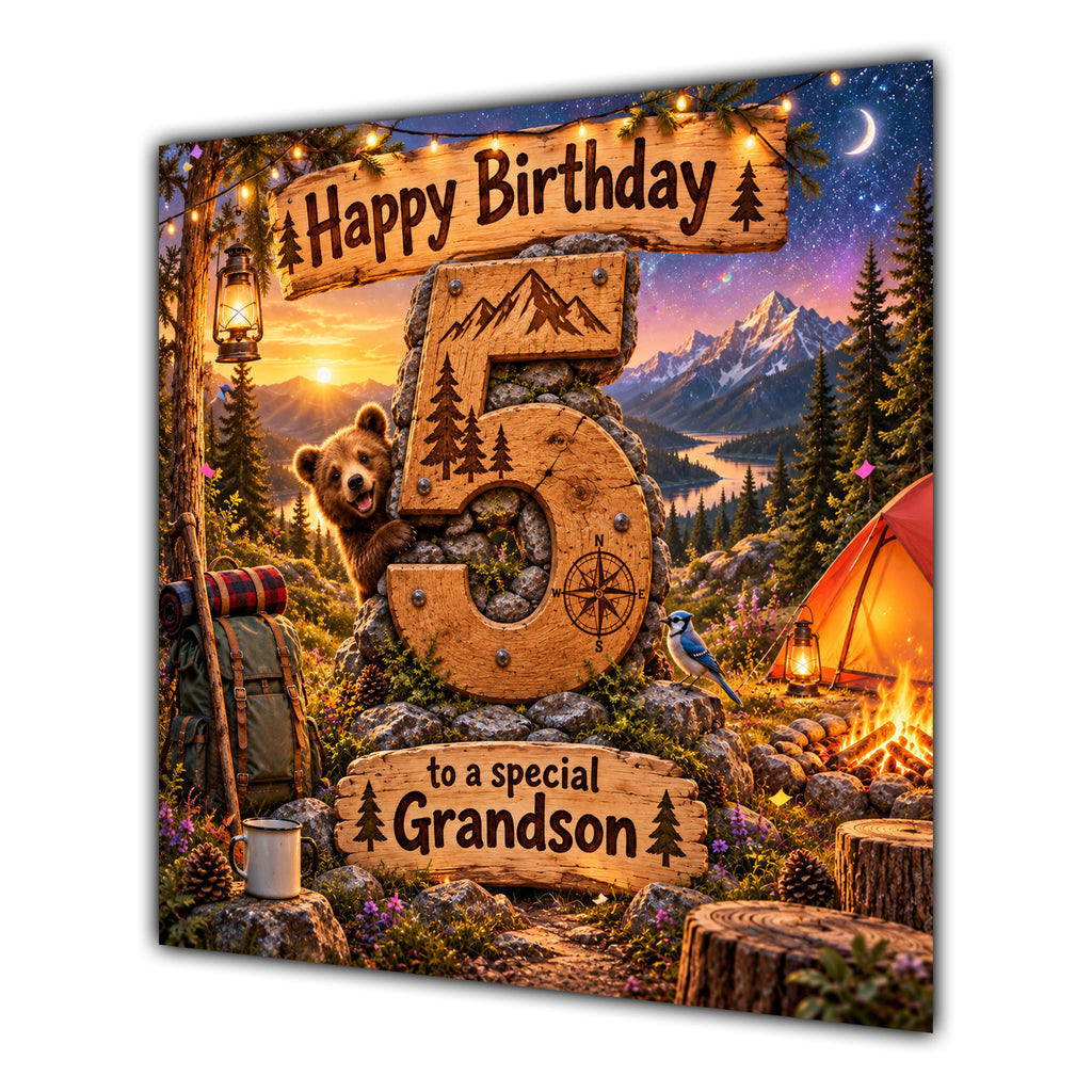 Grandson 5th Birthday Card Camping Bear Mountains Adventure