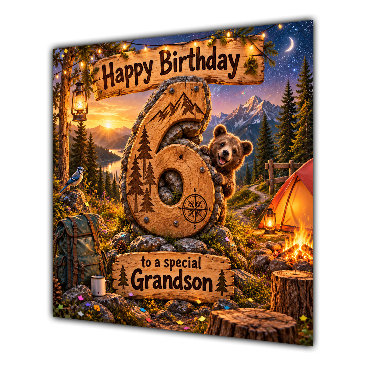 Grandson 6th Birthday Card Camping Bear Mountains Adventure