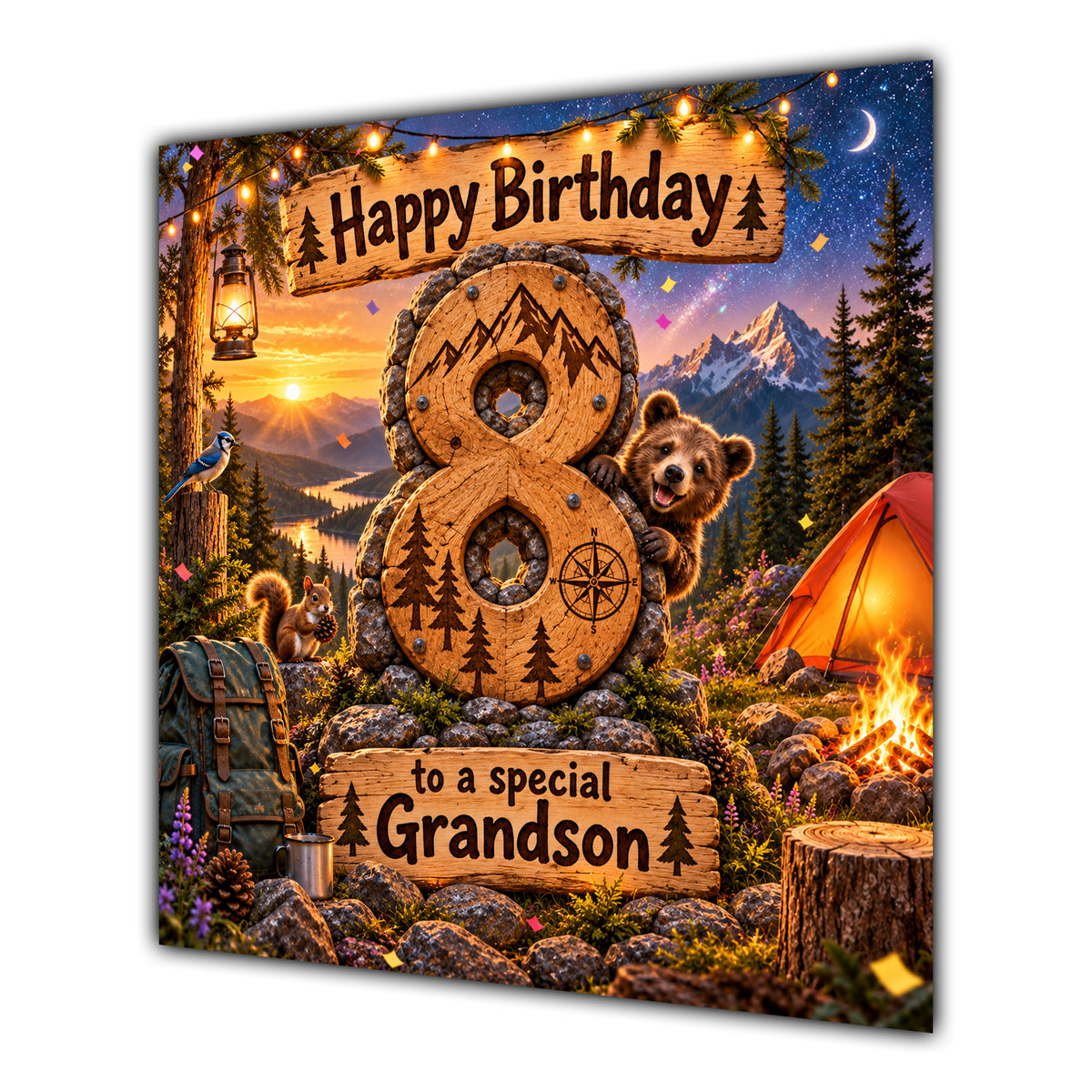 Grandson 8th Birthday Card Camping Mountains Adventure