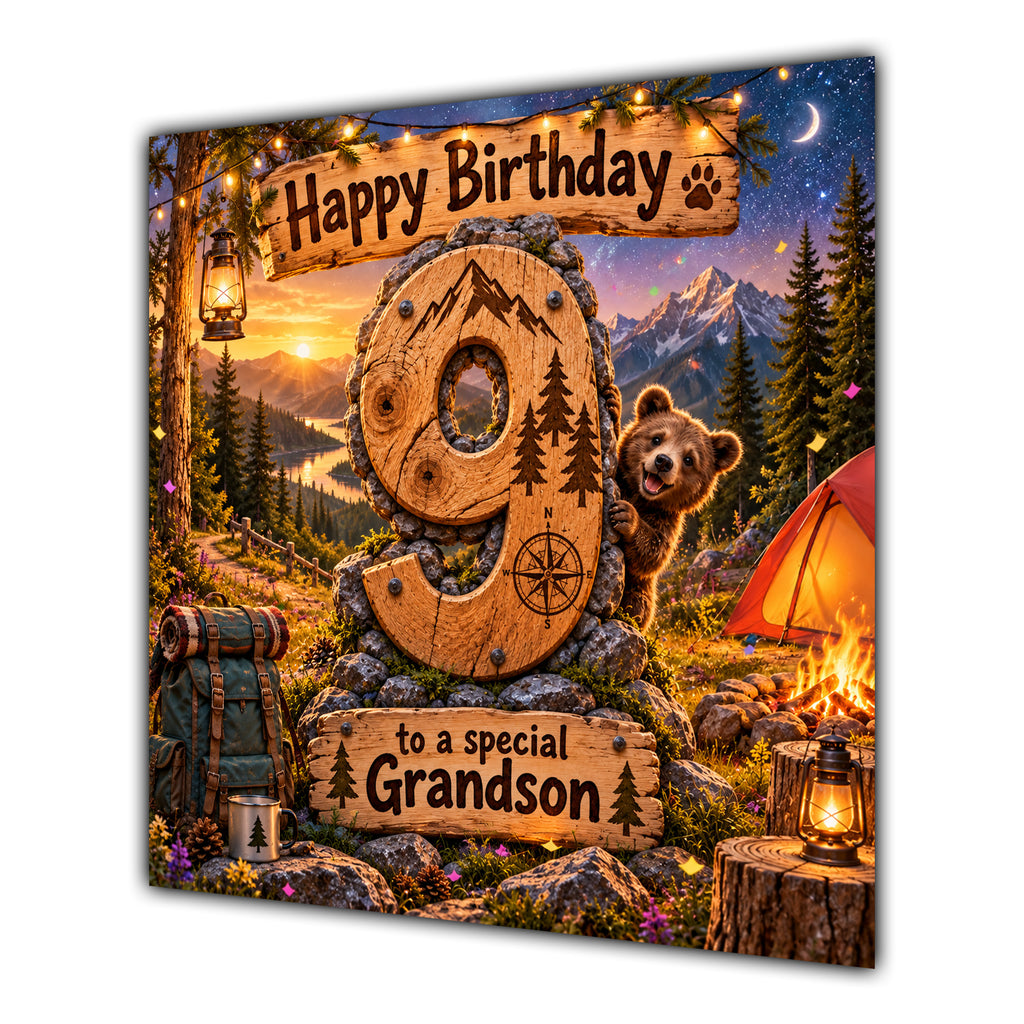 Grandson 9th Birthday Card Camping Mountains Adventure