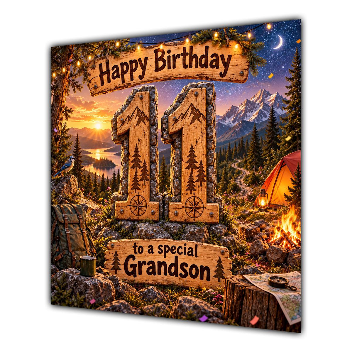 Grandson 11th Birthday Card Camping Mountains Adventure