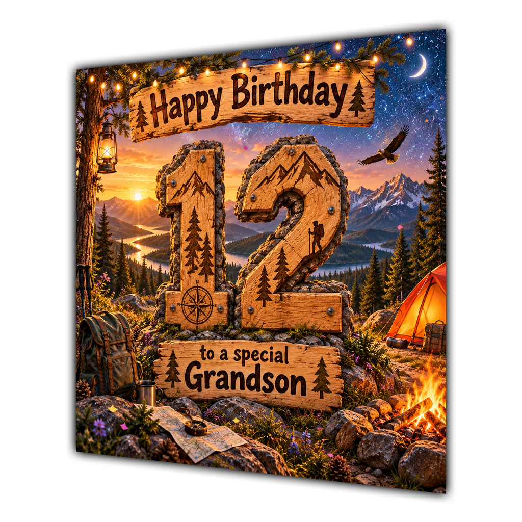 Grandson 12th Birthday Card Camping Mountains Adventure