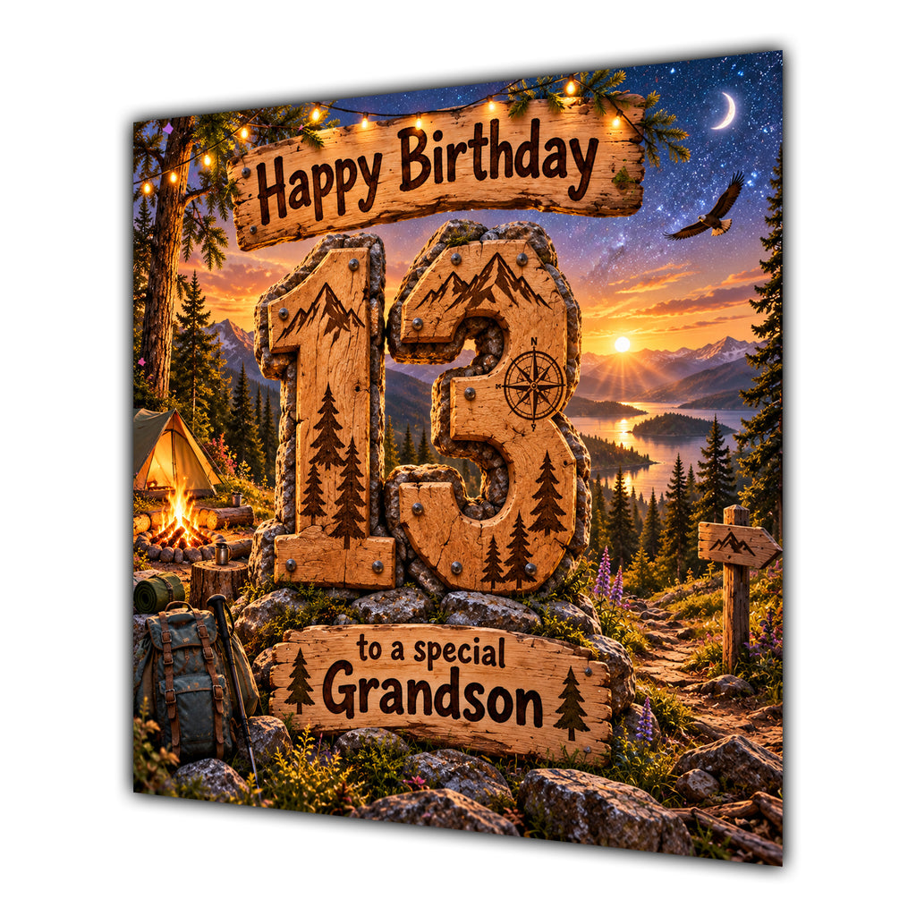 Grandson 13th Birthday Card Camping Mountains Adventure