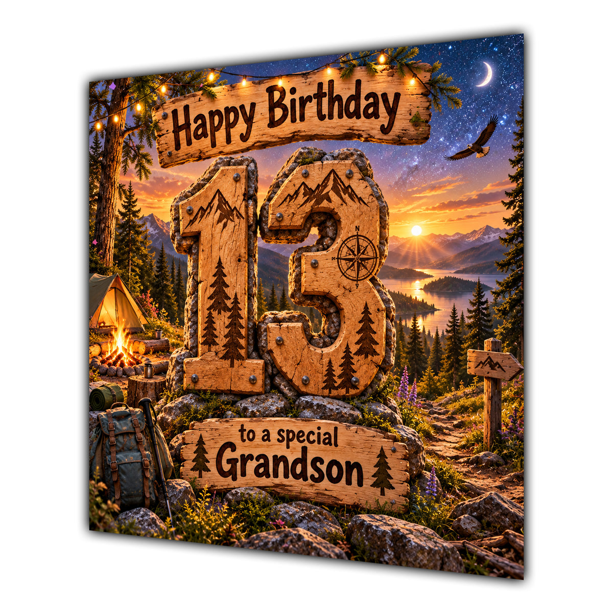 Grandson 13th Birthday Card Camping Mountains Adventure