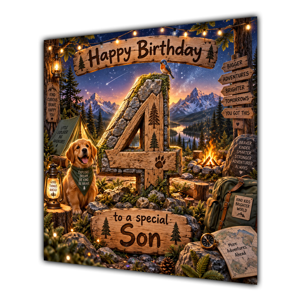 Son 4th Birthday Card Camping Dog Mountains Adventure