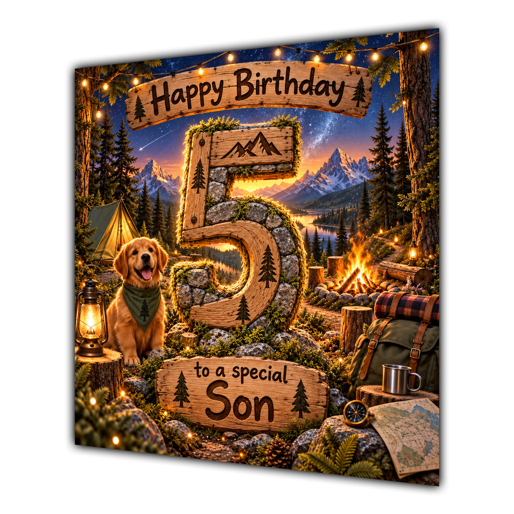 Son 5th Birthday Card Camping Dog Mountains Adventure