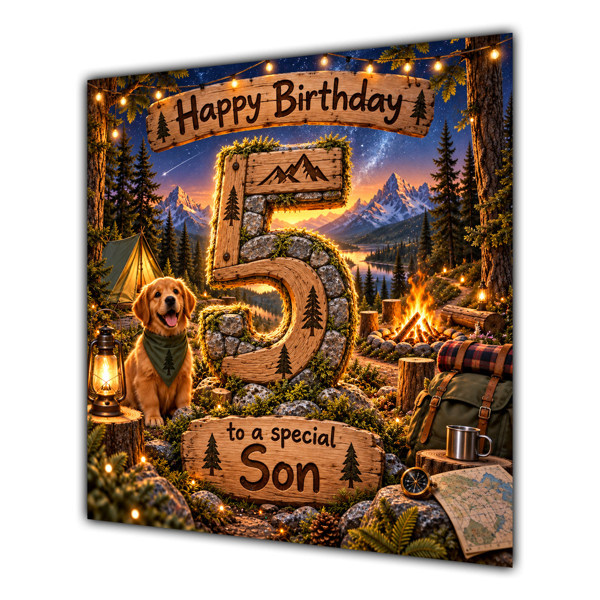 Son 5th Birthday Card Camping Dog Mountains Adventure