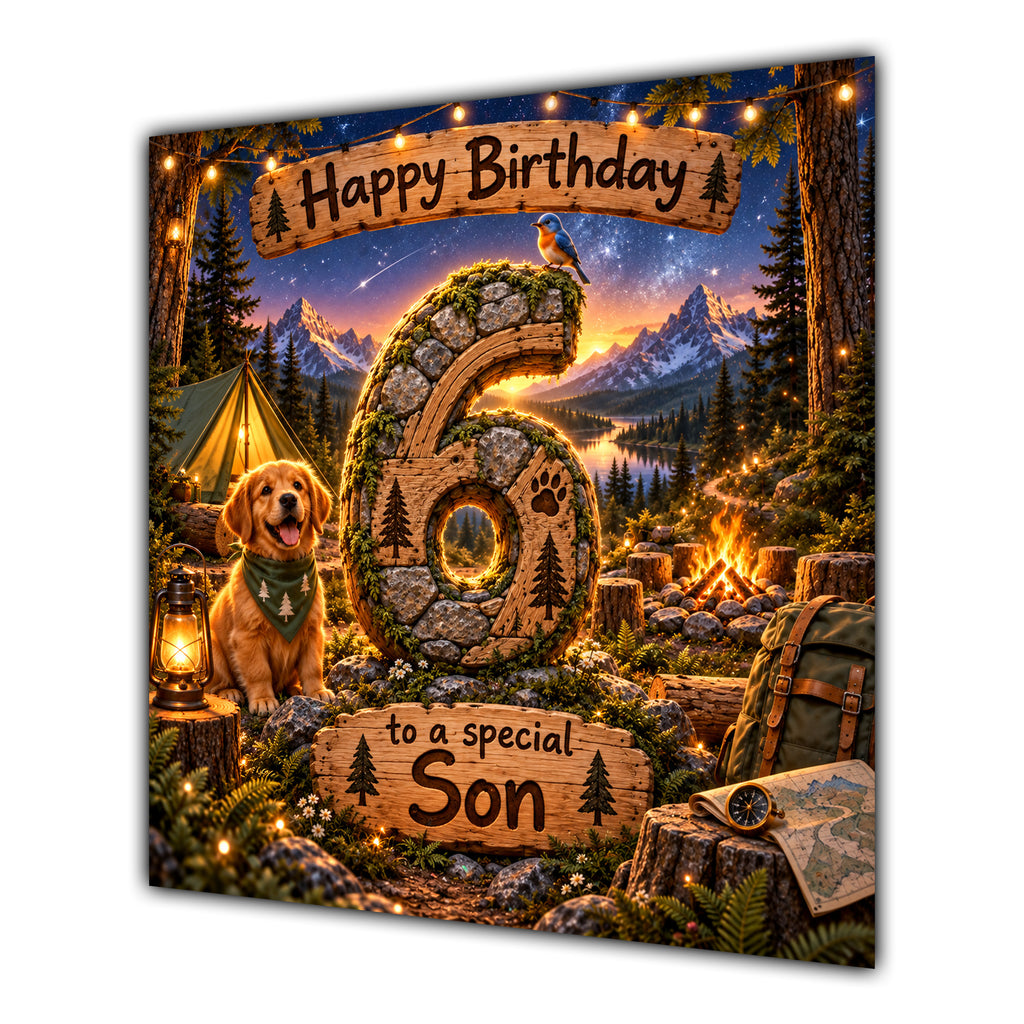 Son 6th Birthday Card Camping Dog Mountains Adventure
