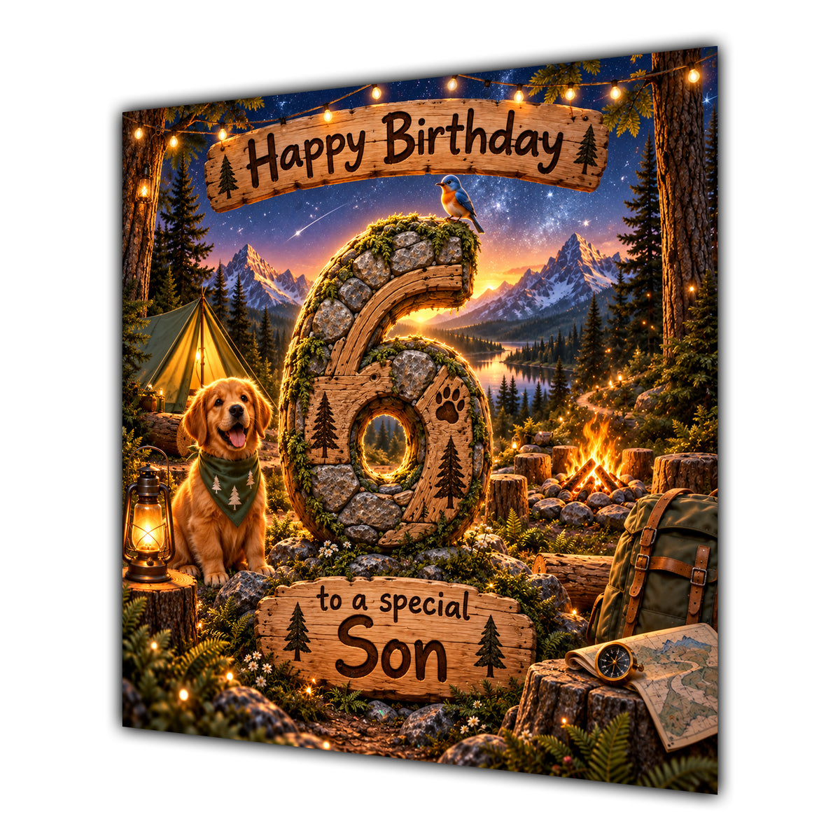 Son 6th Birthday Card Camping Dog Mountains Adventure
