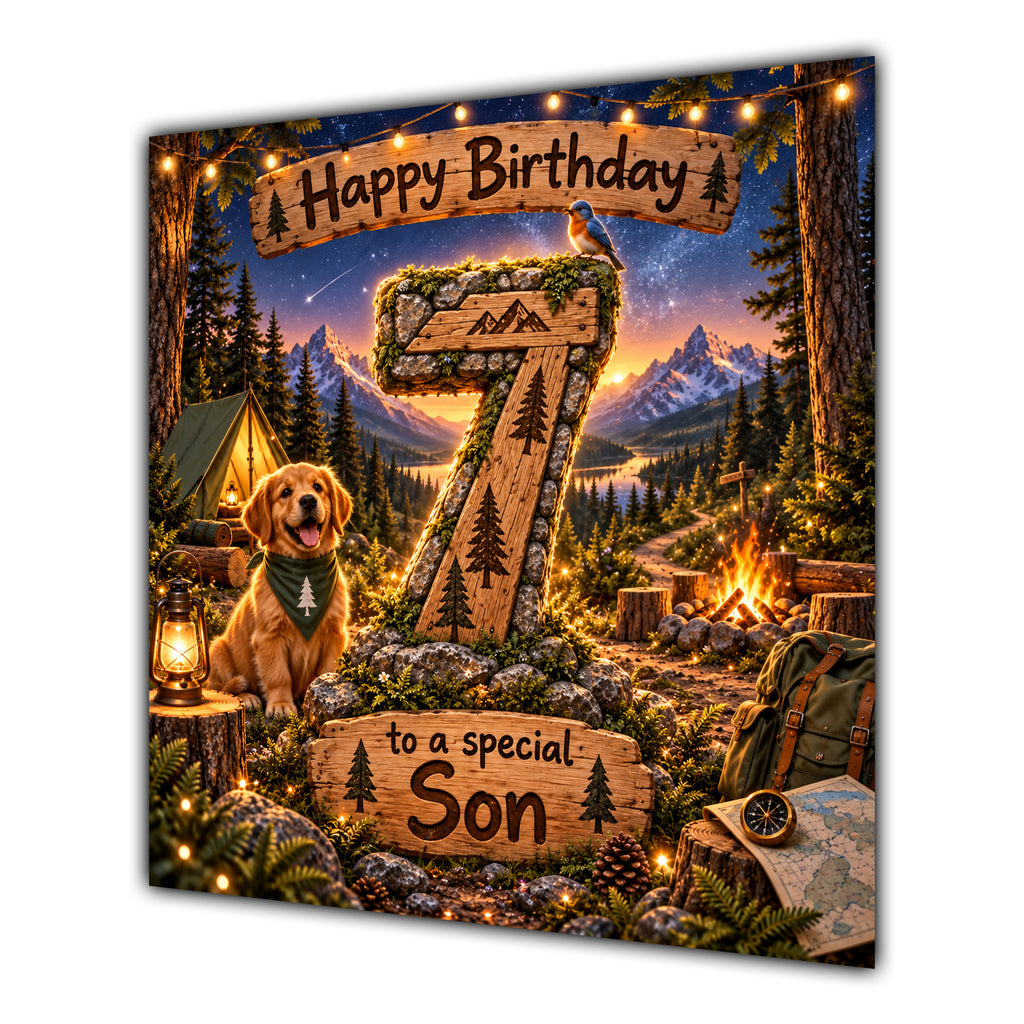 Son 7th Birthday Card Camping Dog Mountains Adventure