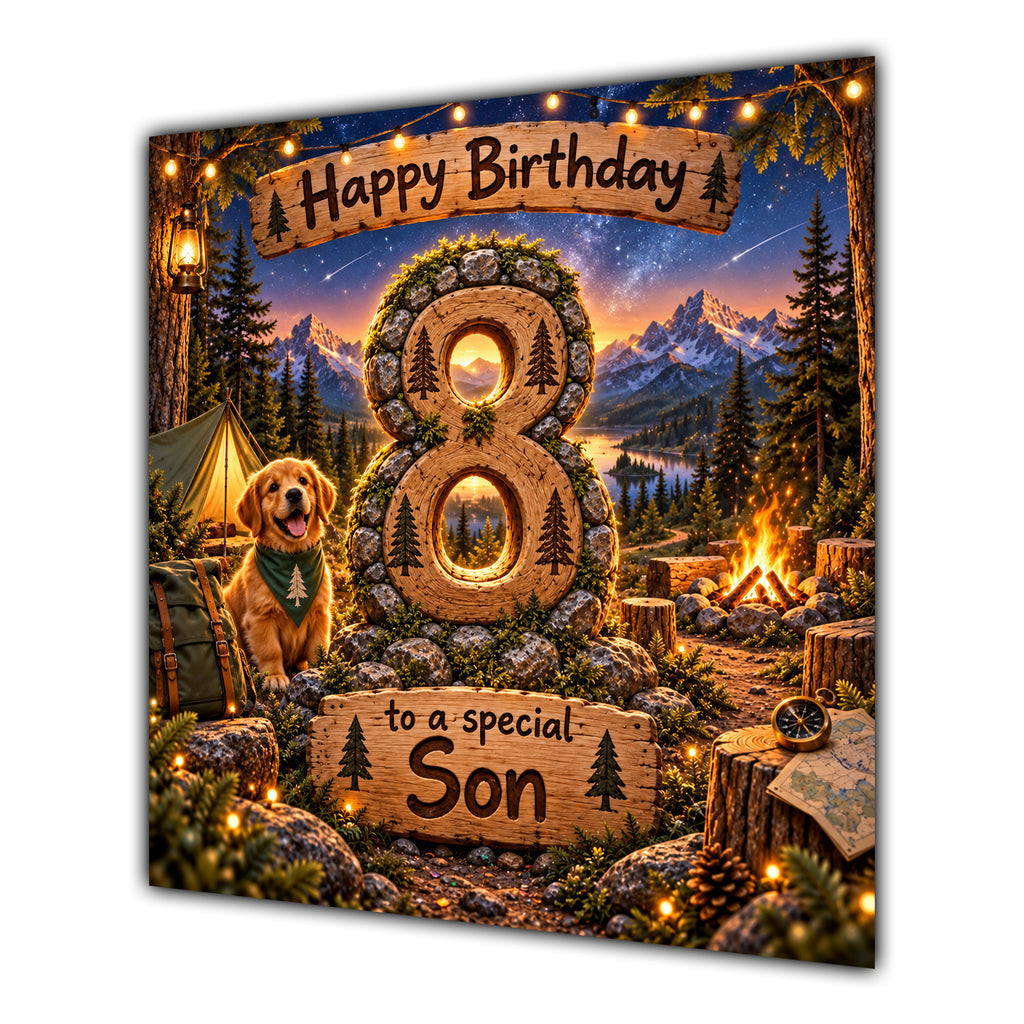 Son 8th Birthday Card Camping Dog Mountains Adventure