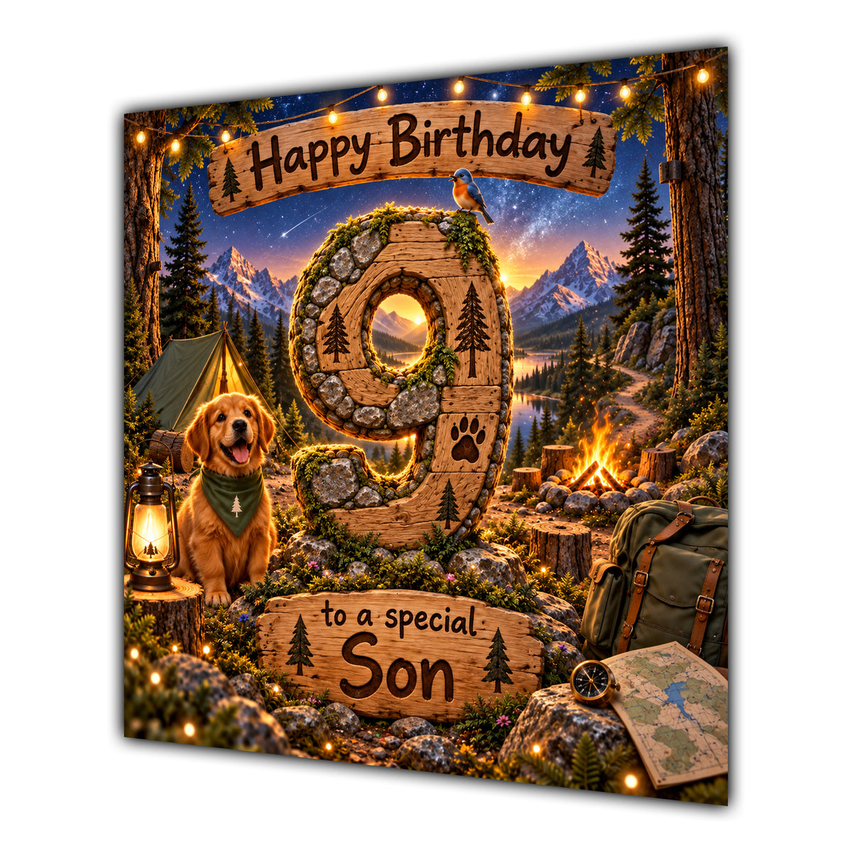 Son 9th Birthday Card Camping Dog Mountains Adventure