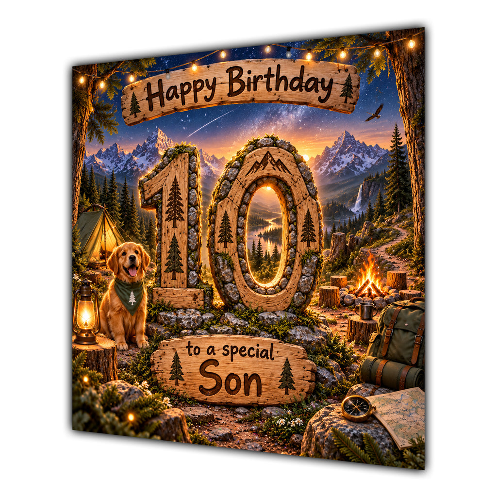 Son 10th Birthday Card Camping Dog Mountains Adventure
