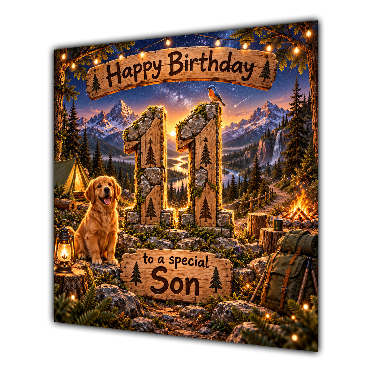 Son 11th Birthday Card Camping Dog Mountains Adventure