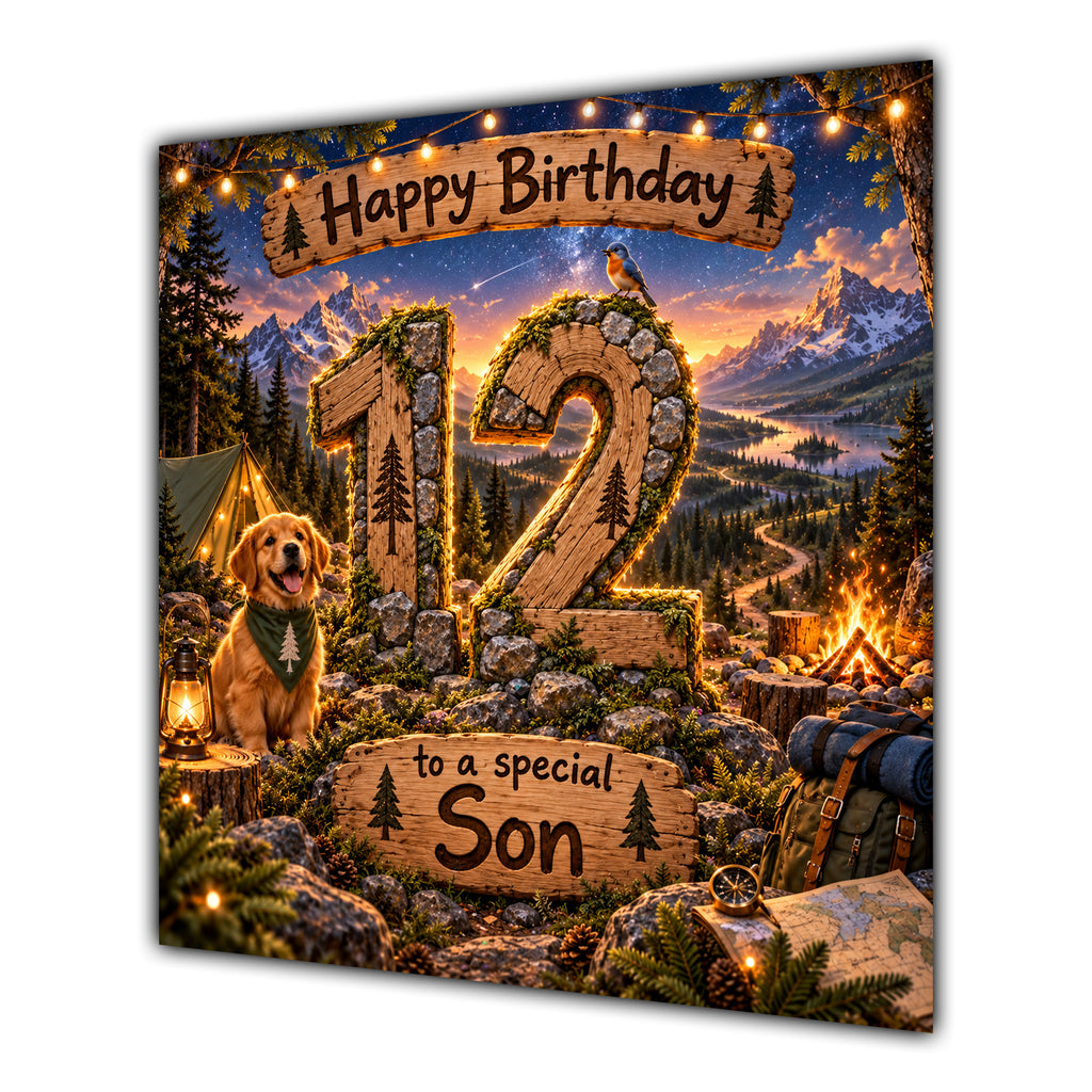 Son 12th Birthday Card Camping Dog Mountains Adventure