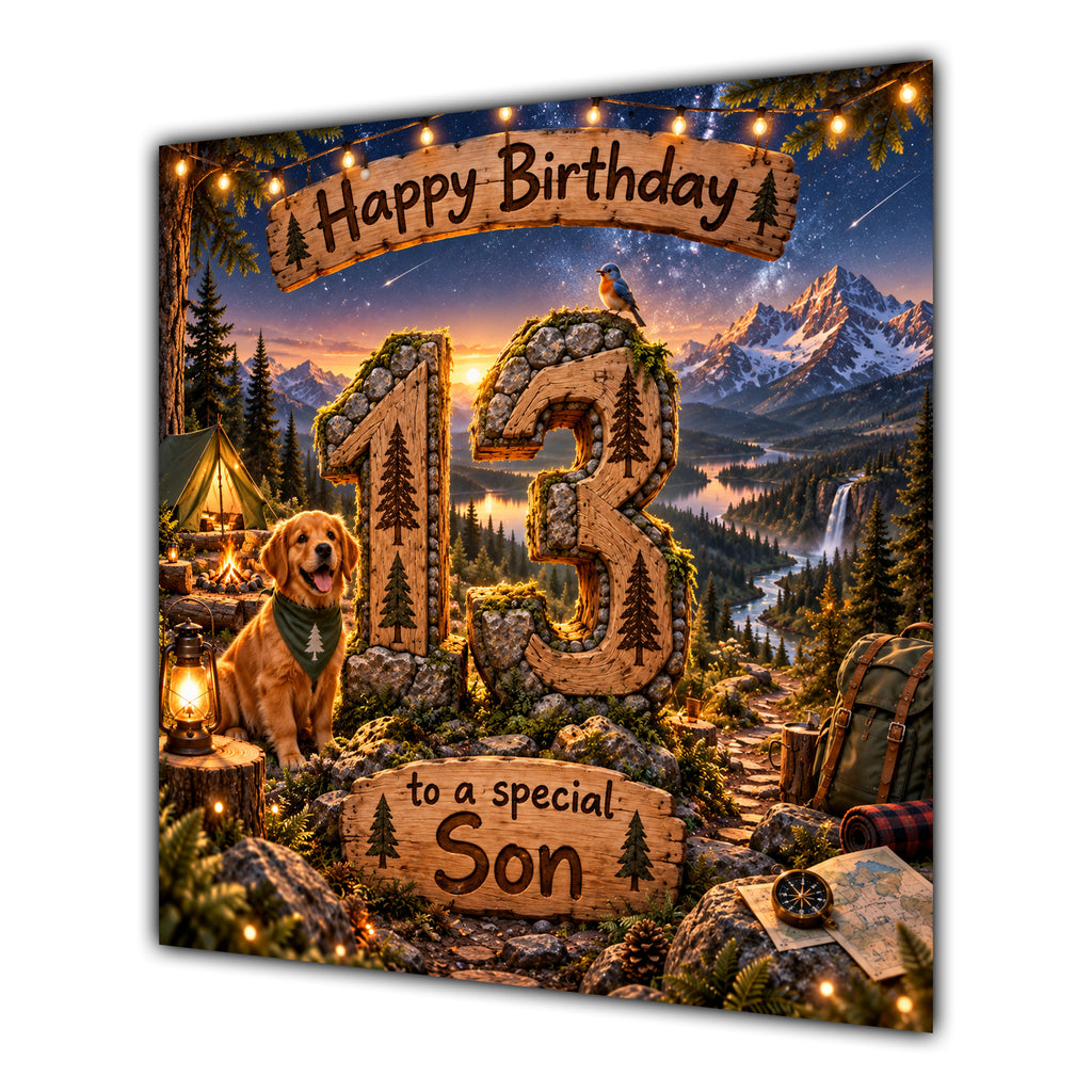 Son 13th Birthday Card Camping Dog Mountains Adventure