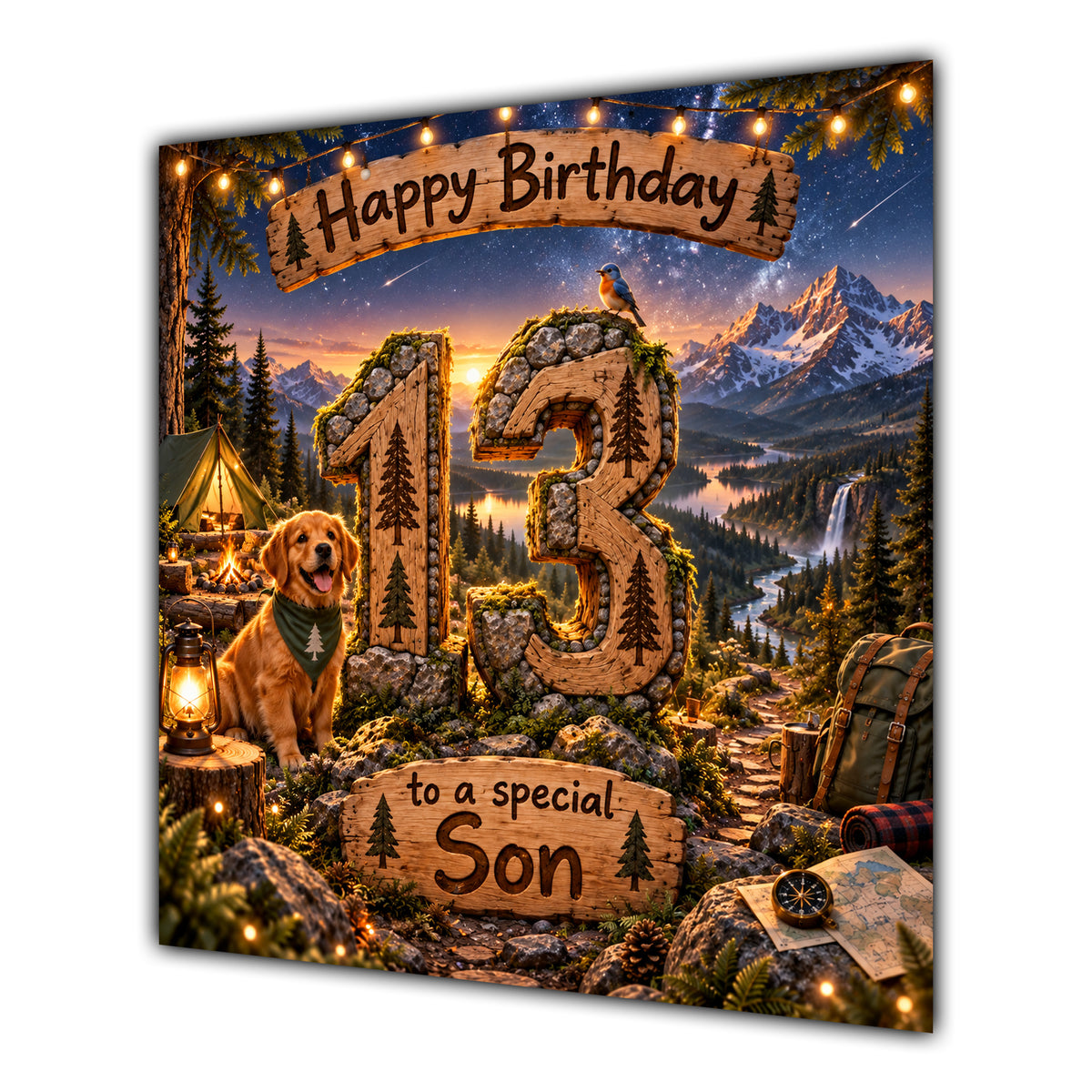 Son 13th Birthday Card Camping Dog Mountains Adventure