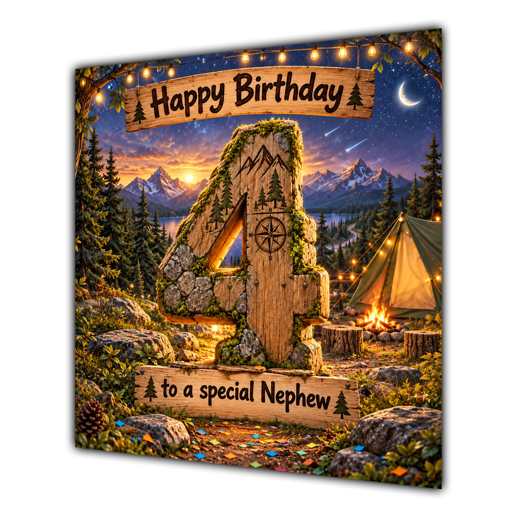 Nephew 4th Birthday Card Camping Mountains Adventure