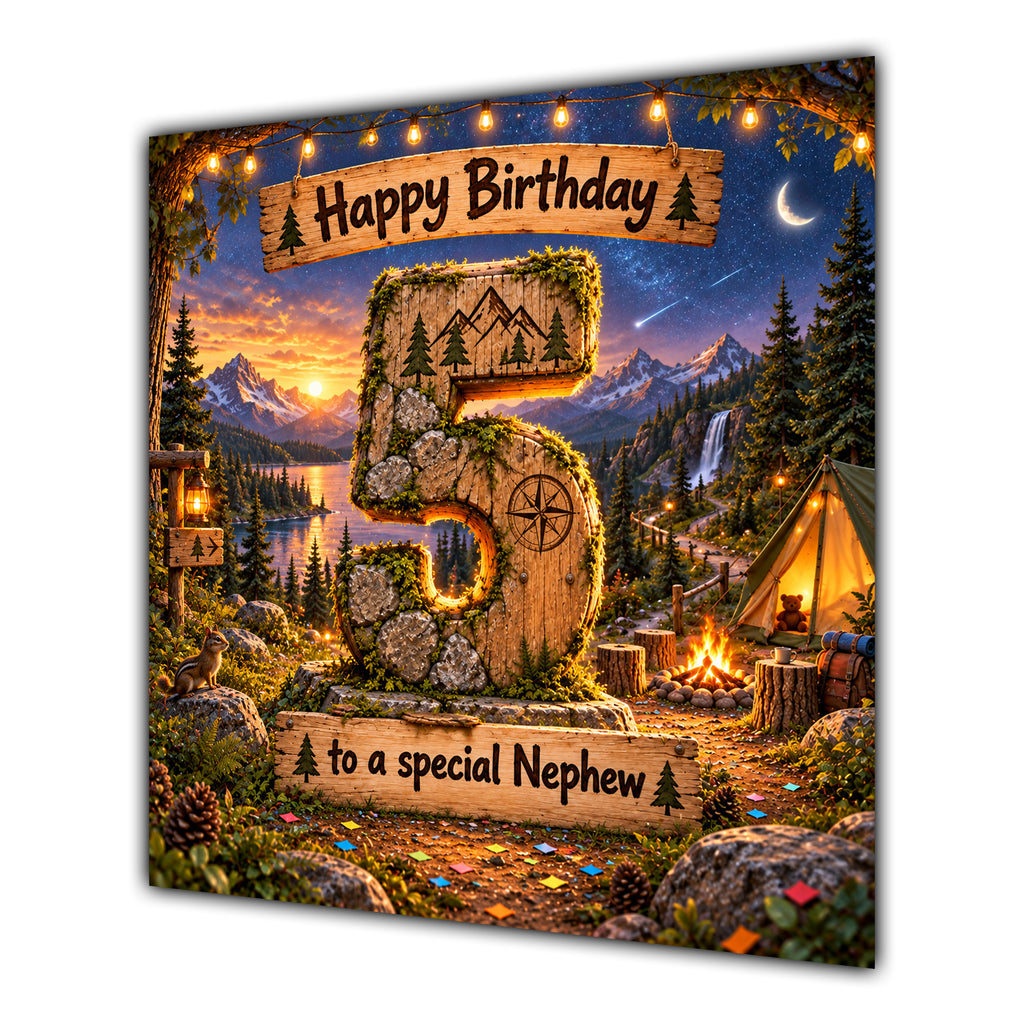 Nephew 5th Birthday Card Camping Mountains Adventure