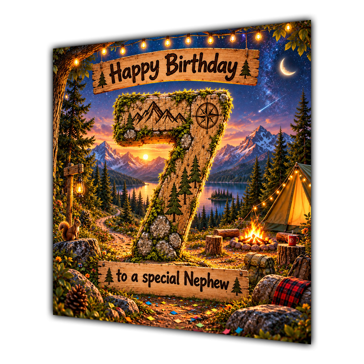 Nephew 7th Birthday Card Camping Mountains Adventure
