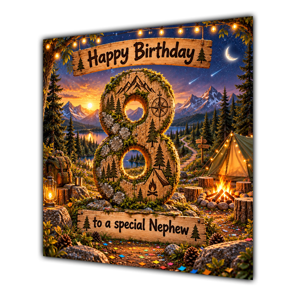 Nephew 8th Birthday Card Camping Mountains Adventure