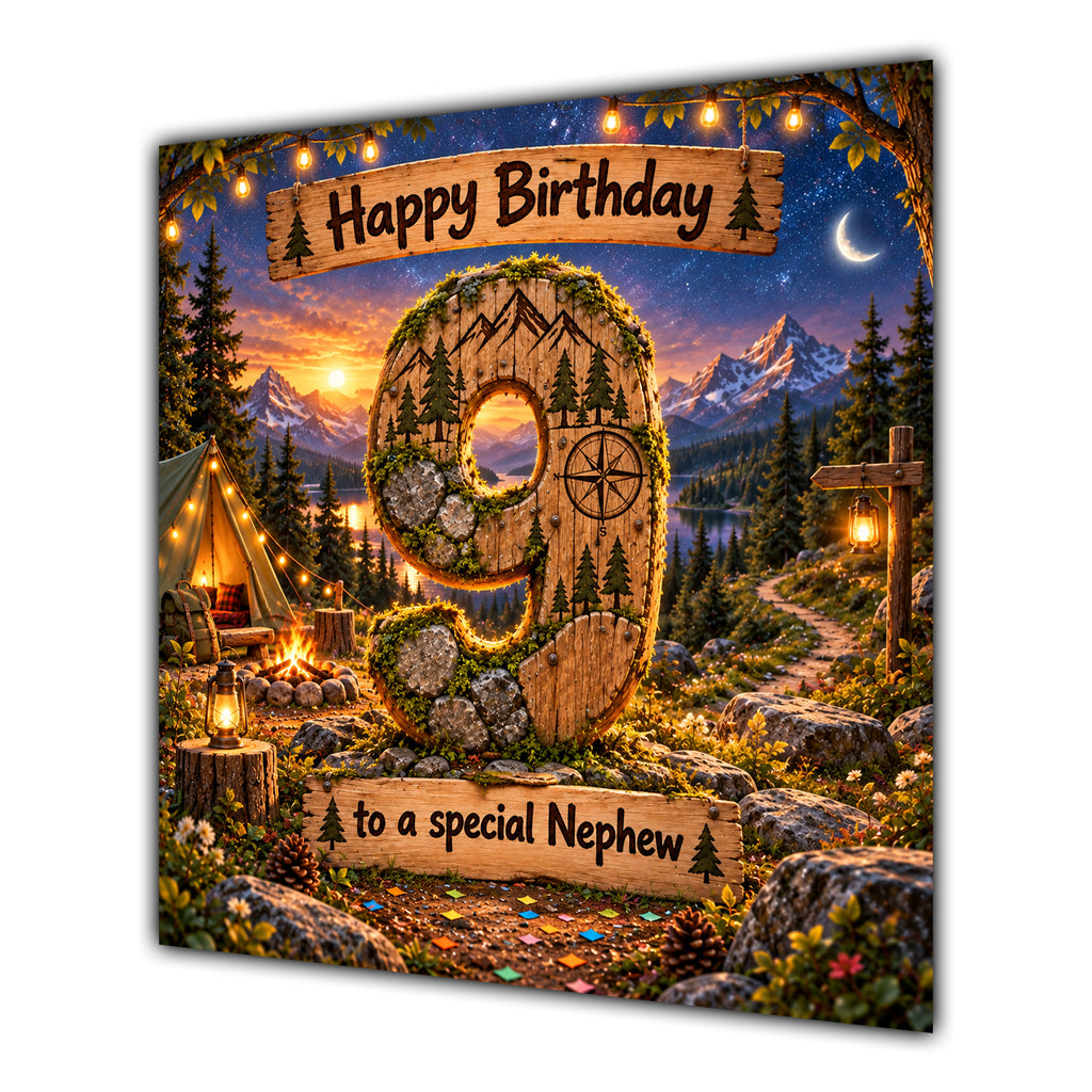 Nephew 9th Birthday Card Camping Mountains Adventure