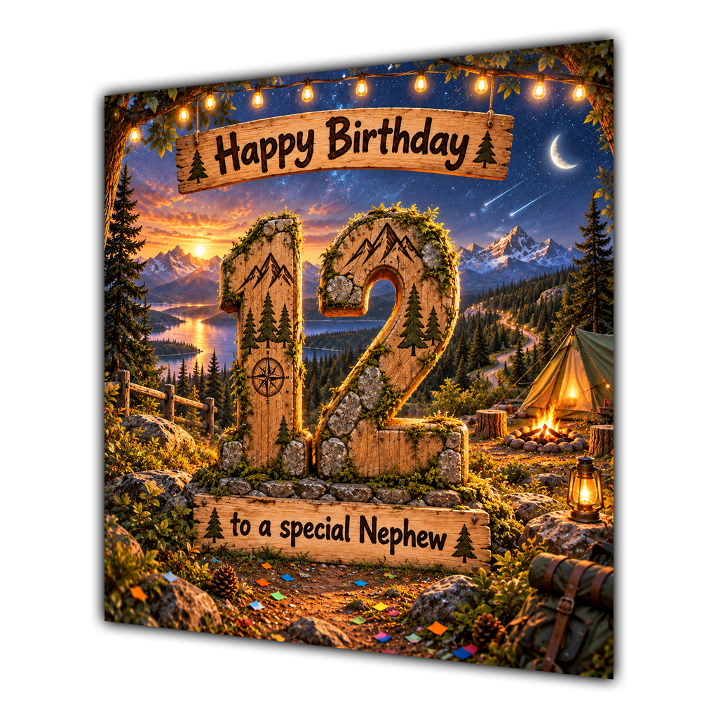 Nephew 12th Birthday Card Camping Mountains Adventure