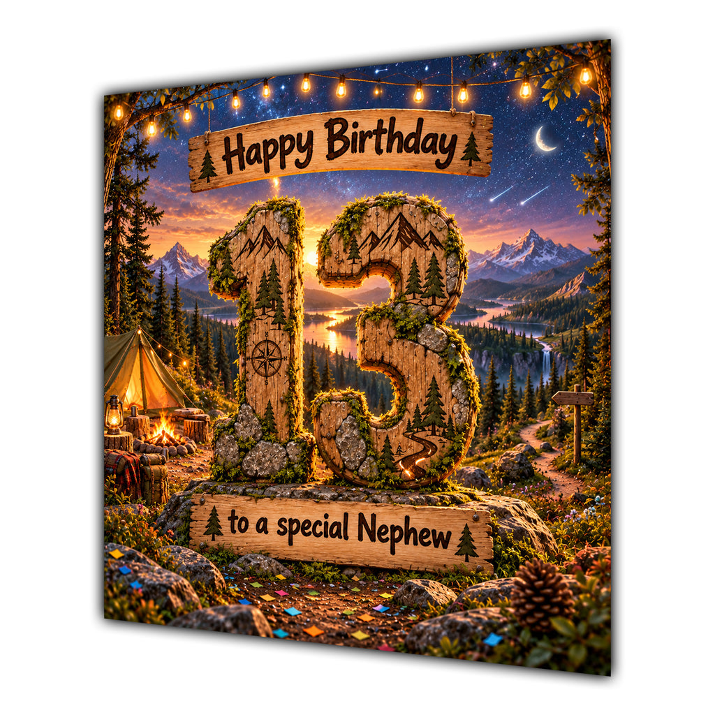 Nephew 13th Birthday Card Camping Mountains Adventure