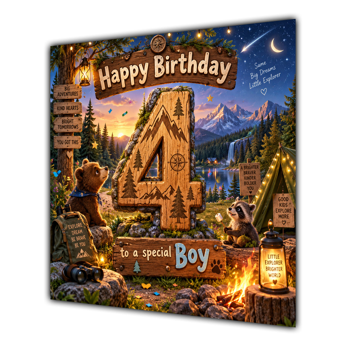 Boy 4th Birthday Card Camping Woodland Animals