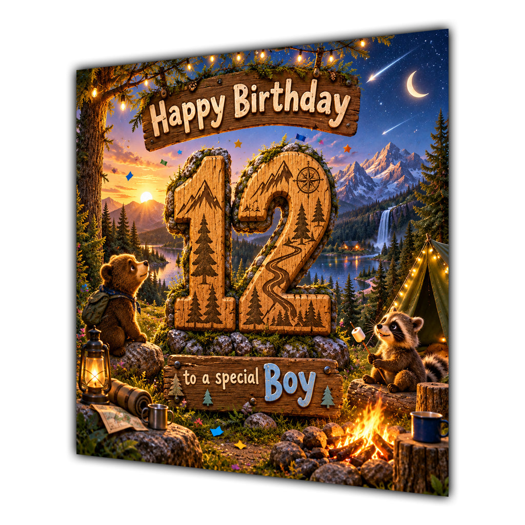 Boy 12th Birthday Card Camping Woodland Animals