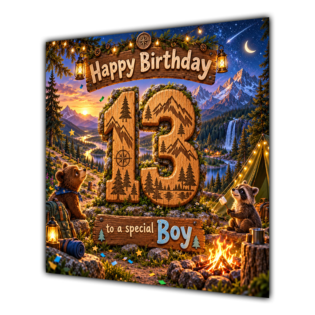 Boy 13th Birthday Card Camping Woodland Animals