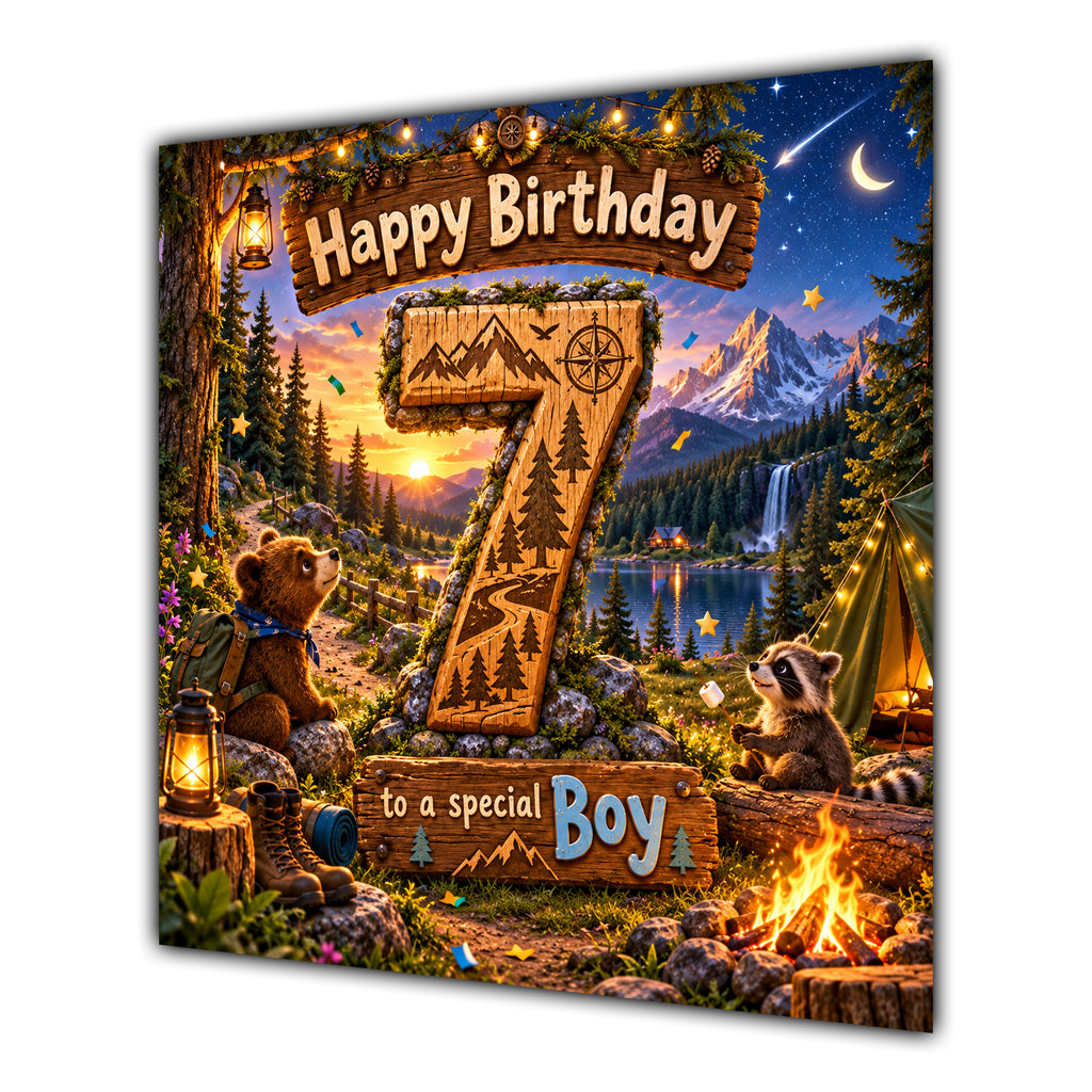 Boy 7th Birthday Card Camping Woodland Animals