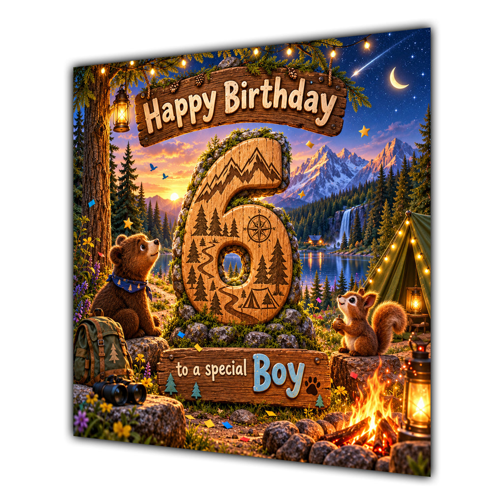 Boy 6th Birthday Card Camping Woodland Animals