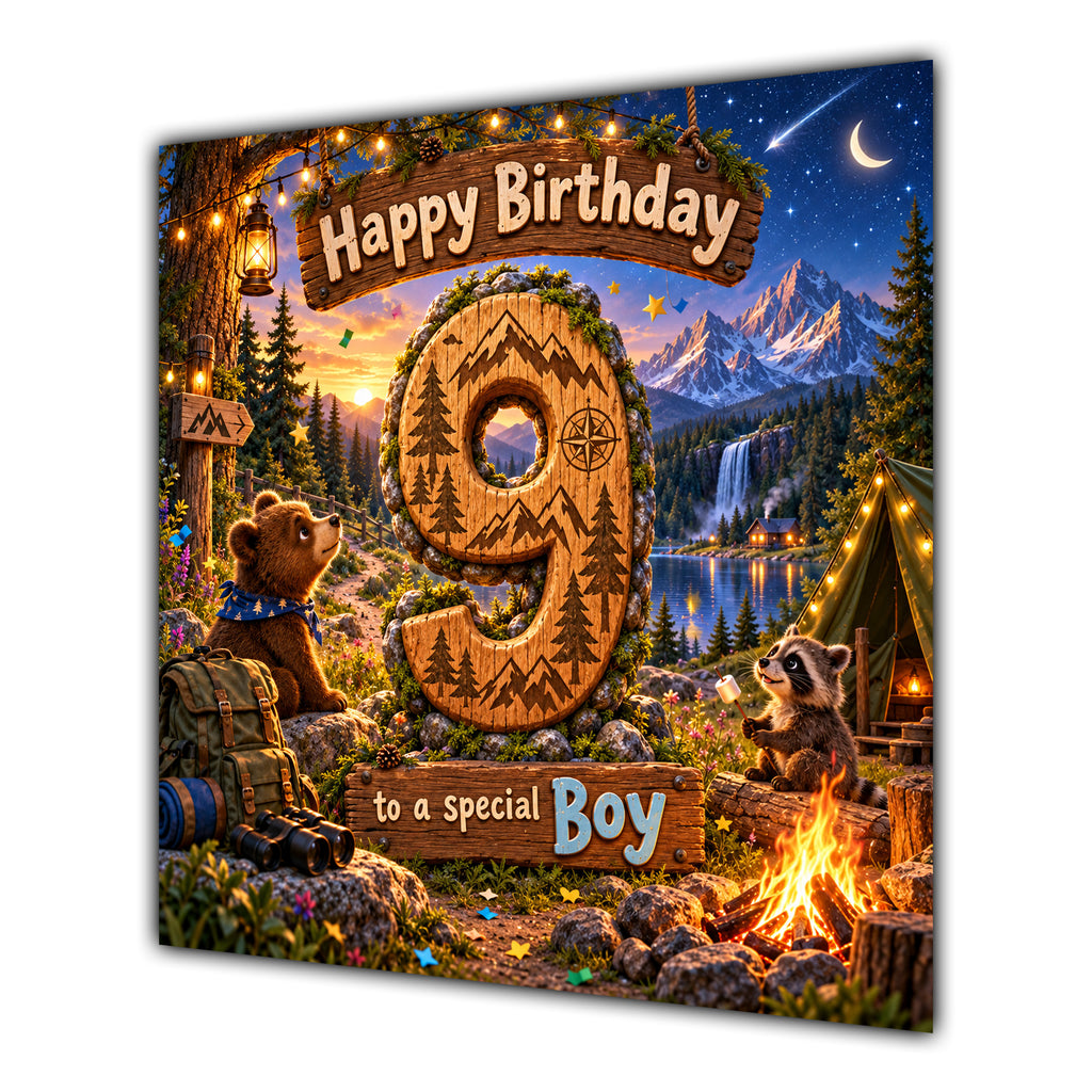 Boy 9th Birthday Card Camping Woodland Animals