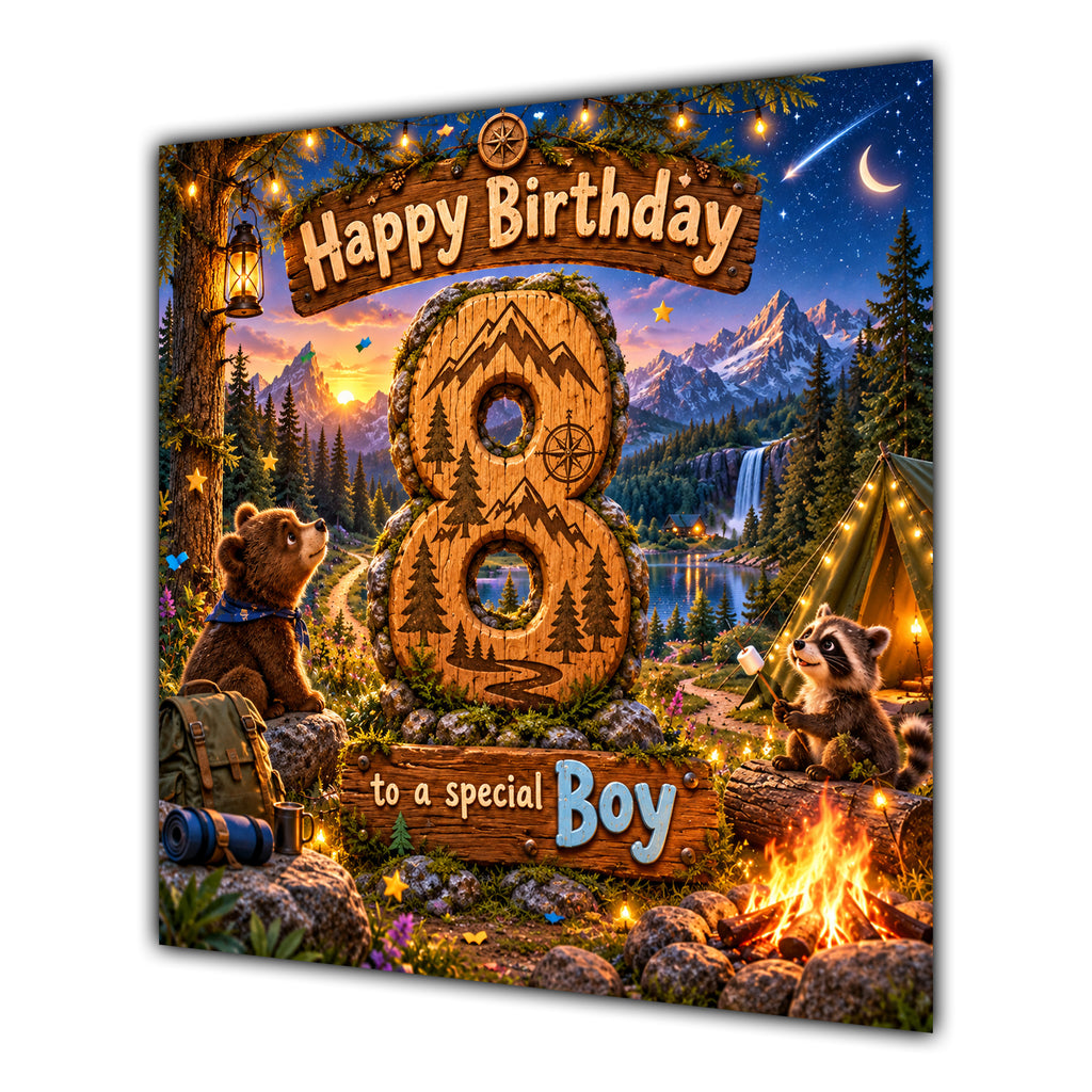 Boy 8th Birthday Card Camping Woodland Animals