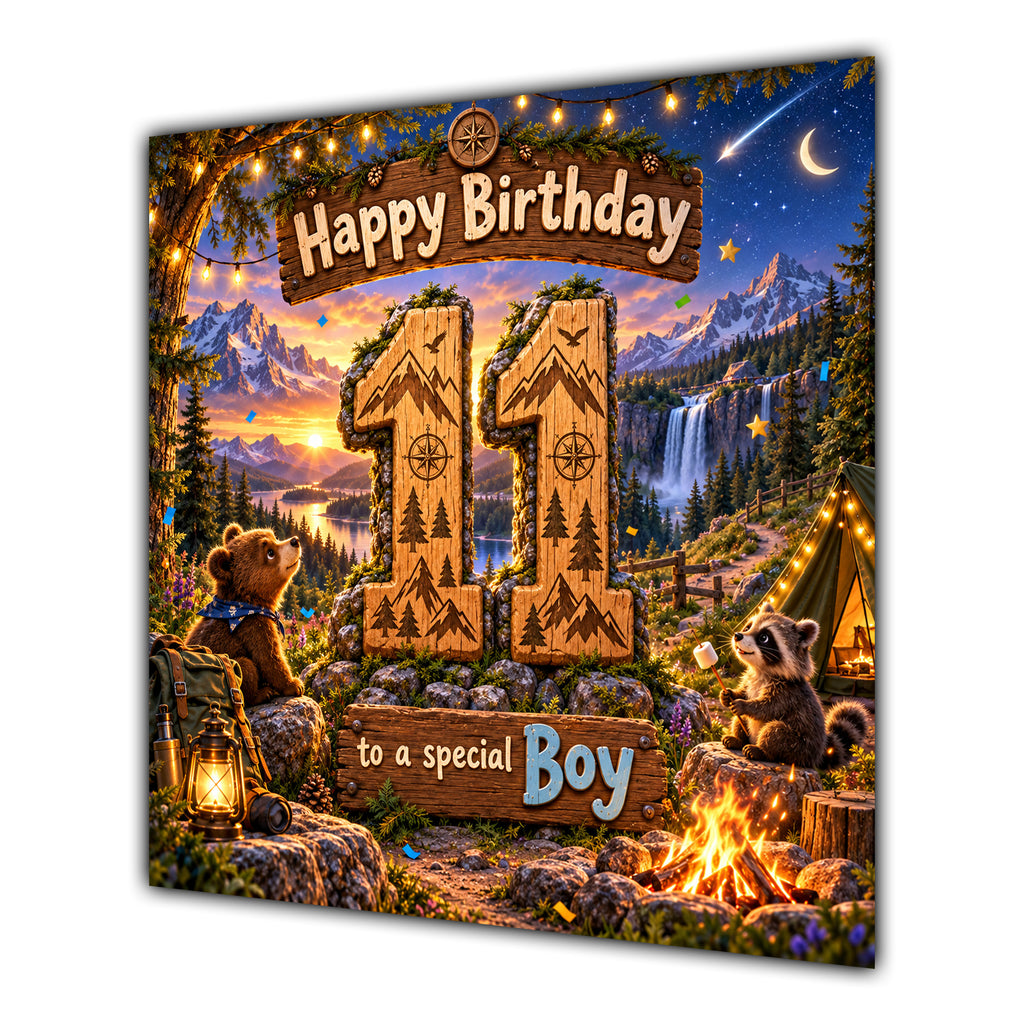 Boy 11th Birthday Card Camping Woodland Animals