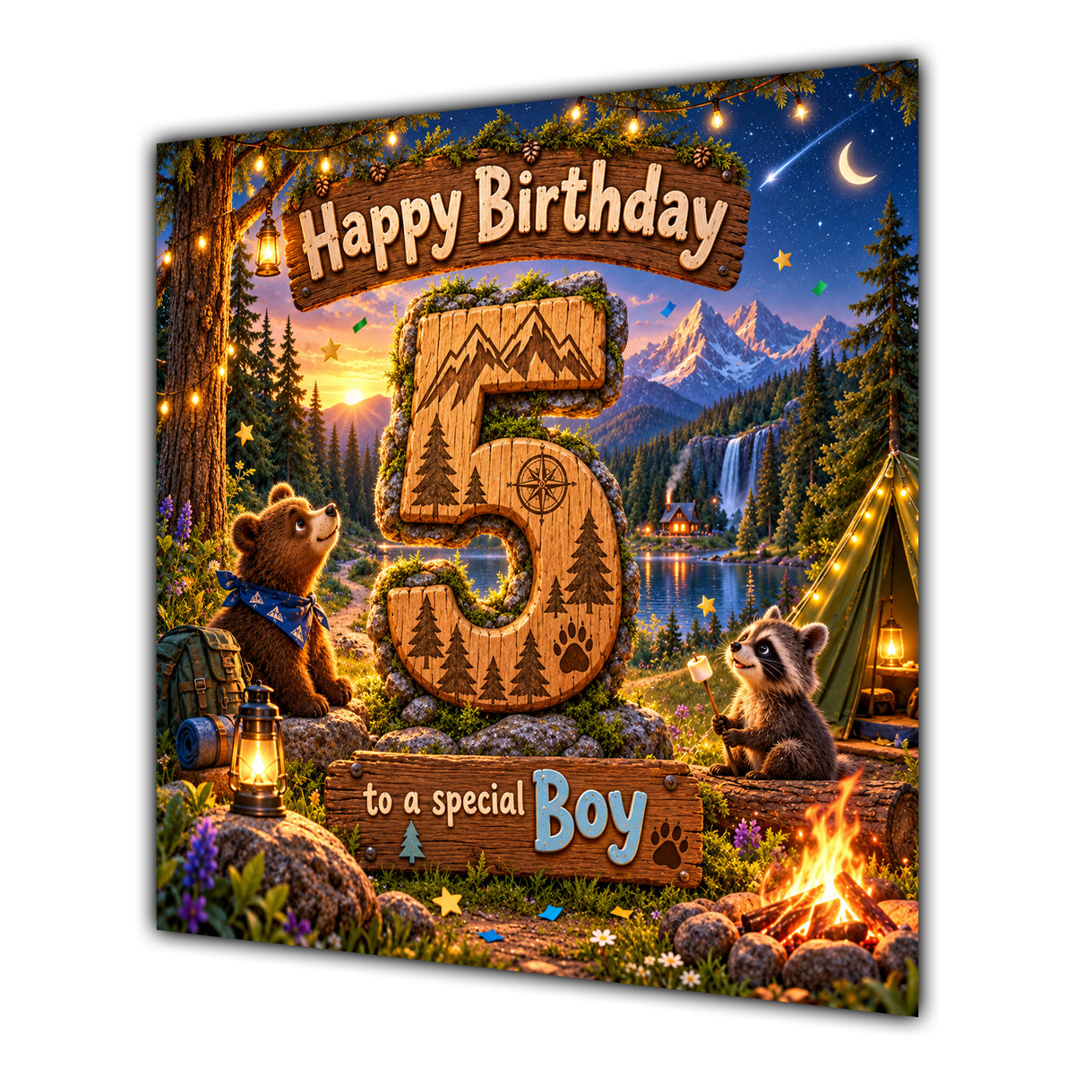 Boy 5th Birthday Card Camping Woodland Animals