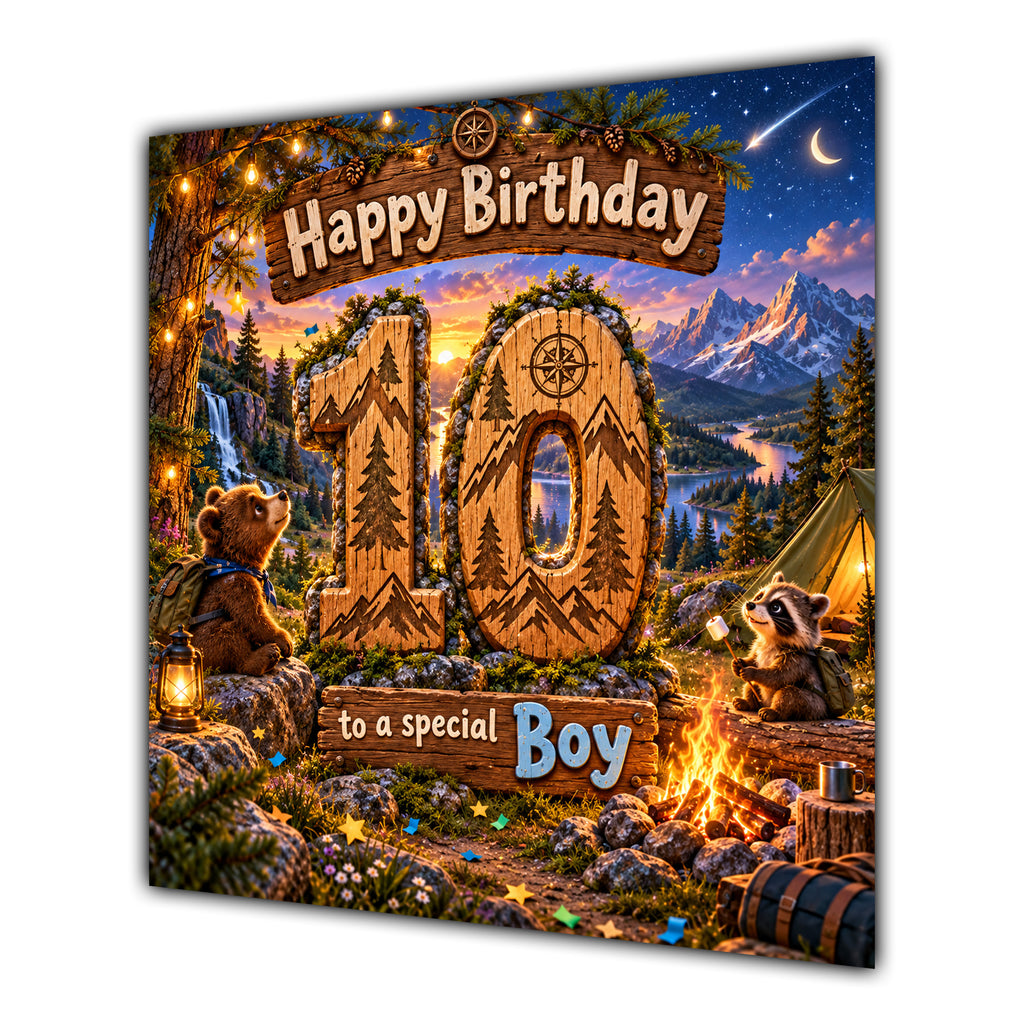 Boy 10th Birthday Card Camping Woodland Animals